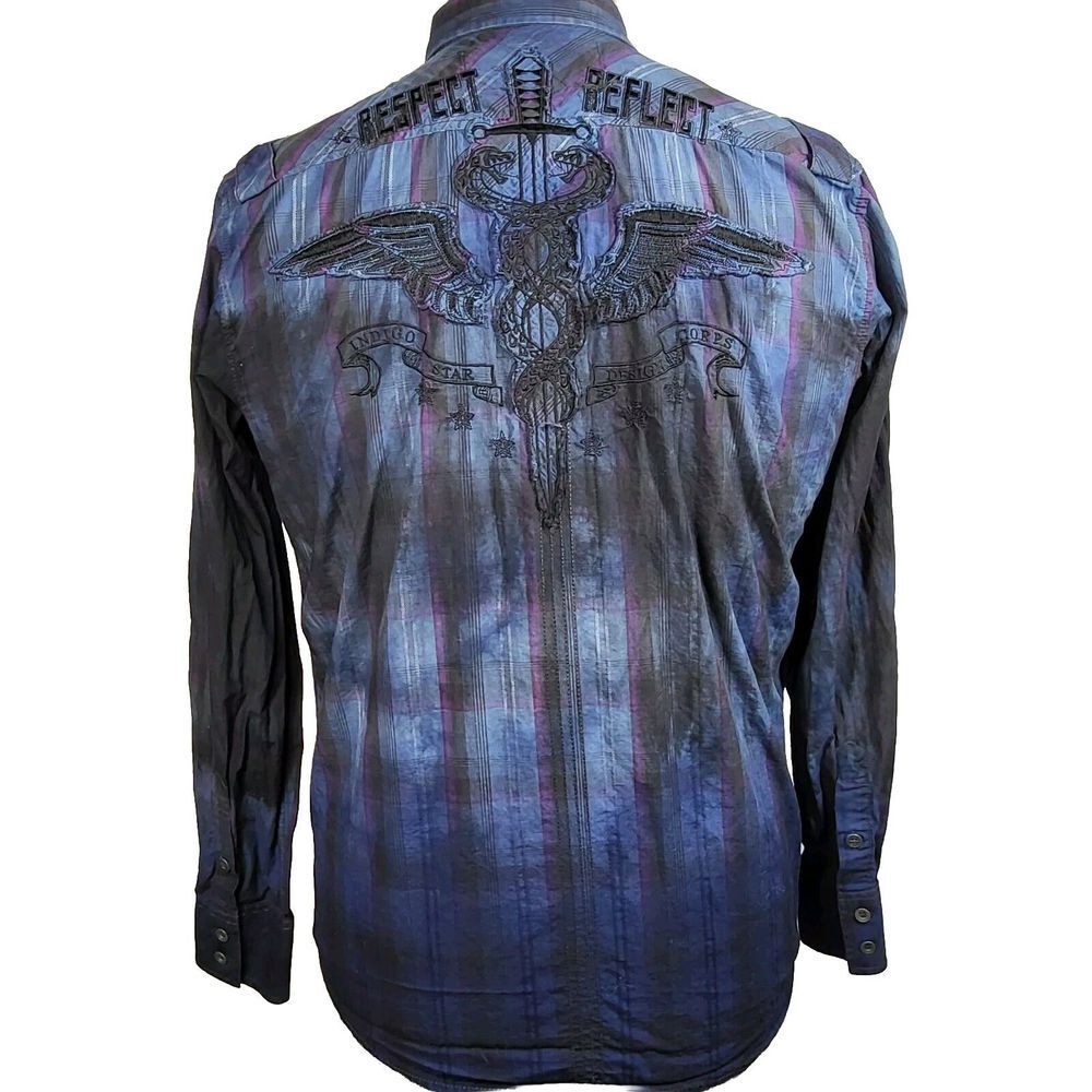 Indigo Star Shirt Mens‎ M Blue Embroidered Graphic Respect Reflect Design Corps